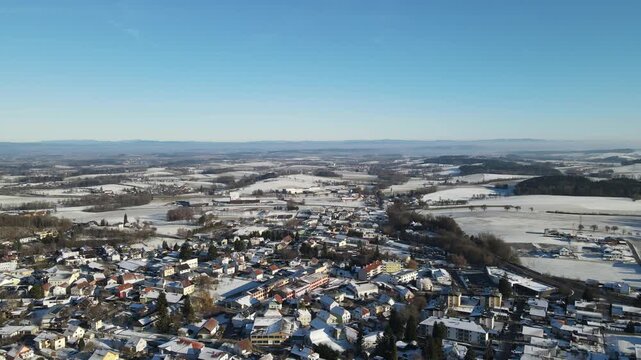 Winter in Haag am Hausruck Austria, aerial dron view, not AI.