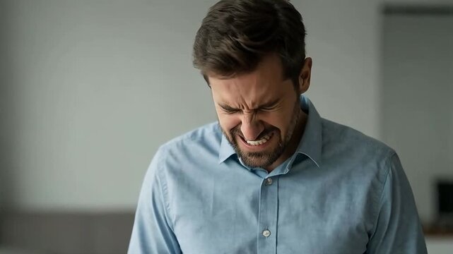 man standing indoors, staring down at the floor, jaw clenched, body language expressing failure and responsibility