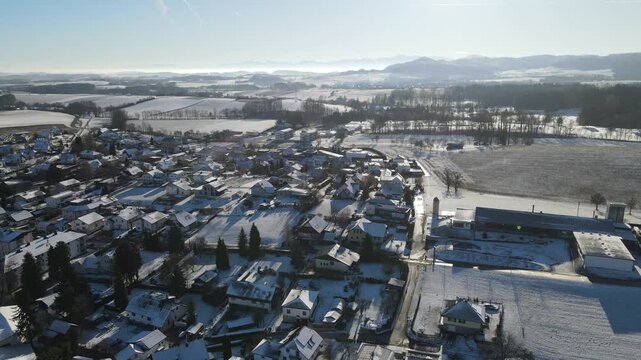 Winter in Haag am Hausruck Austria, aerial dron view, not AI.