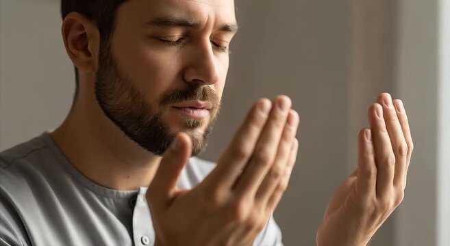man praying, hands raised in prayer, eyes closed, lips moving slightly, expression of humility and repentance