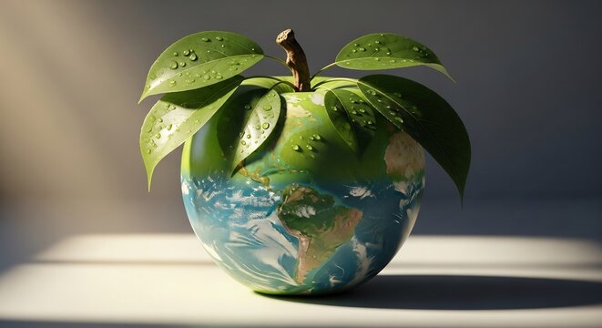 Artistic depiction of Earth as an apple with leaves symbolizing environmental consciousness and global unity.