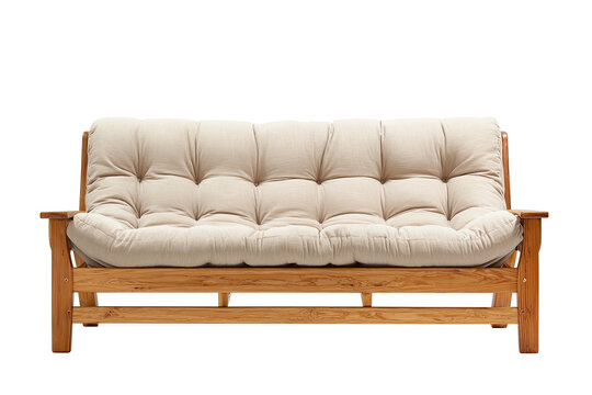Cozy futon with light beige cushion and light wood frame