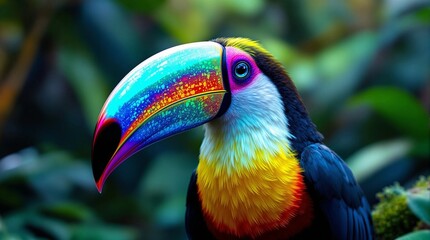 Fototapeta premium Close Up Portrait of a Majestic Toucan with Shimmering Multicolored Beak in Lush Greenery