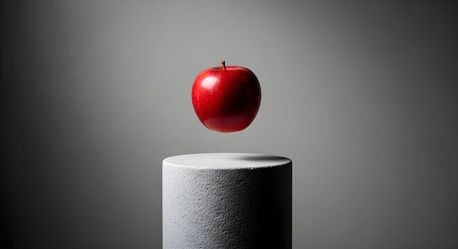 Floating red apple above cylinder against gray backdrop