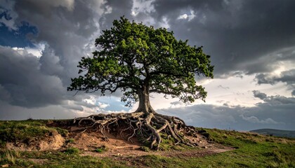 A lone tree stands tall on a hill with exposed roots under a dramatic cloudy sky