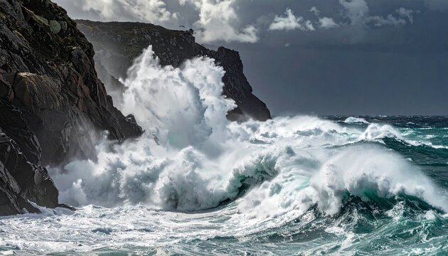 Turbulent waves crash against rugged cliffs in a dramatic seascape viewed from a low angle