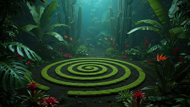 A surreal spiral path unwinding through a dense, vibrant jungle landscape viewed from above