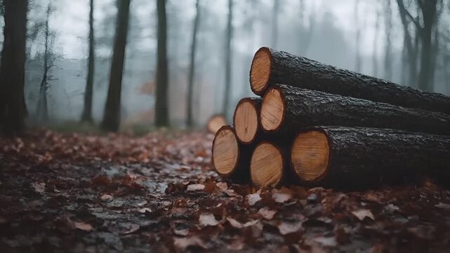 Deforestation. Environment conservation. Ecosystem. A closeup shot of a forest scene with a stack of logs in the foreground. The logs are dark brown with visible wood grain patterns.