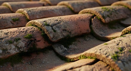 Close up of weathered terracotta roof tiles texture for backgrounds