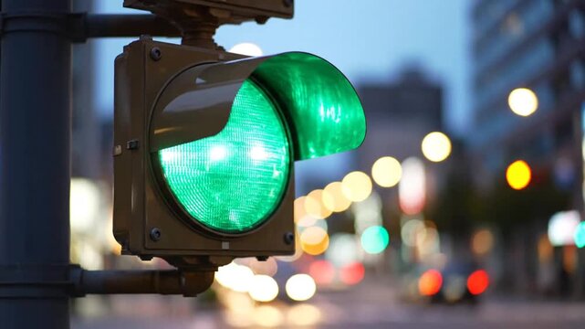 Vibrant Green Traffic Light on City Street at Dusk with Bokeh Background