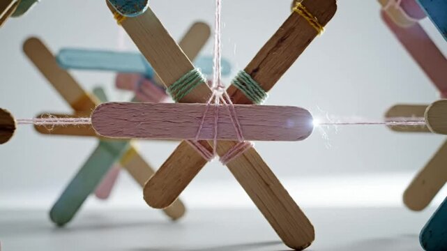 Abstract geometric construction of wooden popsicle sticks connected with yarn, suspended in a bright studio