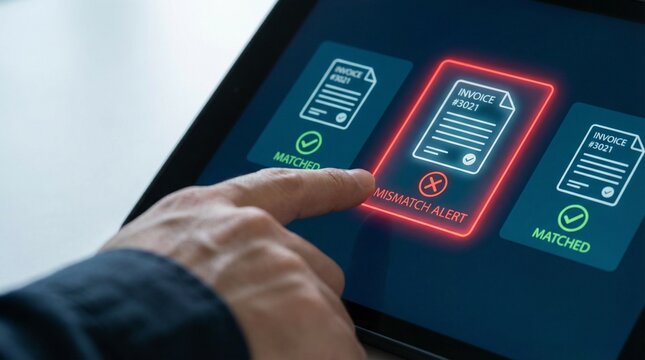 A hand interacting with a digital mismatch alert on a tablet screen for business concept