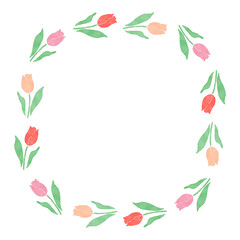 Fototapeta premium 春の手描き植物イラスト。水彩のピンク・オレンジ・赤のチューリップの曲線的なフレーム