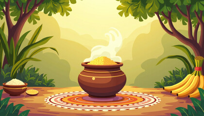 Pongal Harvest Festival Illustration with Traditional Pot and Sugarcane Flat Vector
