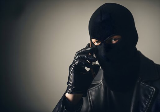 Masked criminal talking on a phone in a dark setting, highlighting organized crime, phone scams, cyber fraud, extortion threats, secrecy, identity concealment, illegal communication