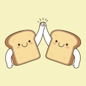 Two cute slices of toast giving a high five, happy bread cartoon characters mascot for friendship breakfast and bakery branding creative design