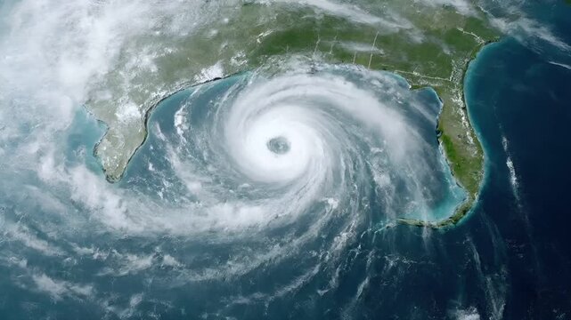 Natural disaster. Devastating loss aftermath scene. A satellite image of a tropical cyclone in the Gulf of Mexico.