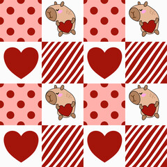 Cute Capybara and Red Heart Seamless Pattern