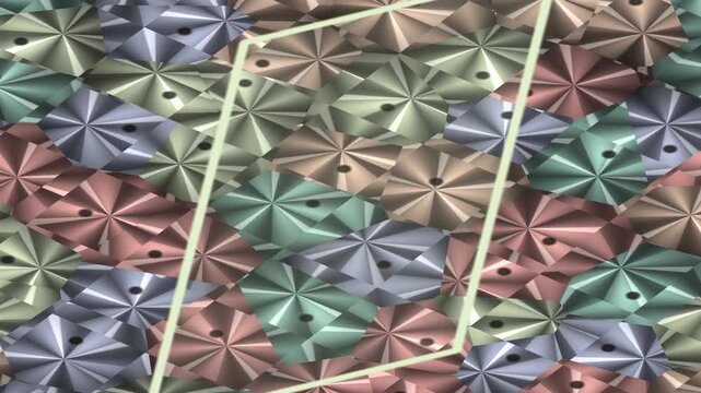 Abstract geometric pattern of colorful star-like shapes with a highlighted unit cell.