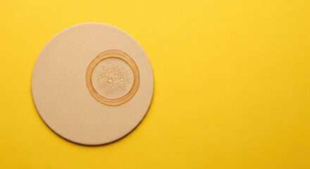 Circular beige coaster with a coffee ring stain and water droplets on a vibrant yellow background, creating a warm and inviting atmosphere for beverage presentation.Beer bar concept, copy space.