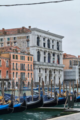 Obraz premium Moored gondolas on the Grand Canal with historic palazzo, Venice, Italy