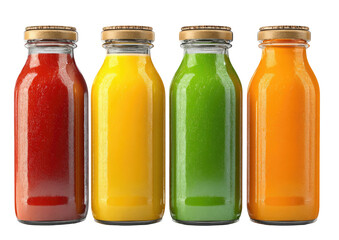Four glass bottles filled with different colored juice on a black background