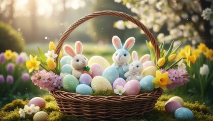 Beautiful Easter Basket with Colorful Eggs and Cute Bunnies in a Spring Garden