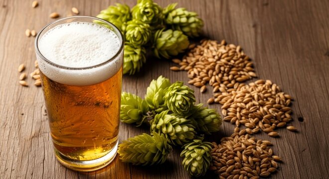 Refreshing Glass of Beer Surrounded by Hops and Barley on Rustic Wooden Table, Celebrating Brewing Ingredients and Craftsmanship.pub concept, copy space