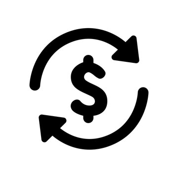 A dollar sign surrounded by two circular arrows, representing money exchange, circulation, refunds, or recurring financial transactions.