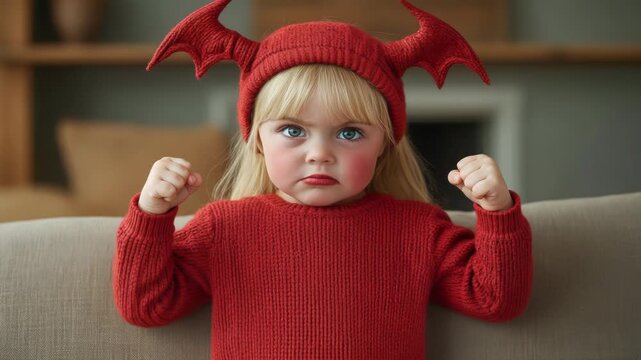 A child dressed in red devil attire with a knitted sweater and hat looks directly into the camera