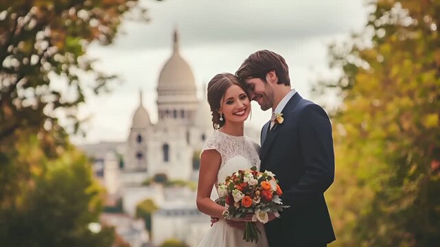 Paris, France, Europe. A bride and groom share an intimate moment in front of the Basilica of the Sacred Heart of Paris. The bride, in a white lace dress, holds a bouquet of flowers.