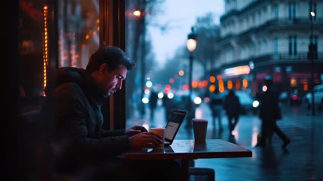 Paris, France, Europe. A man sits in a dimly lit cafe, engrossed in his work on a laptop. The scene is set against a backdrop of a city street at night.