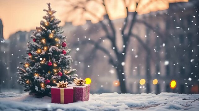 Paris, France, Europe. A festive winter scene with a Christmas tree adorned with lights and ornaments, set against a backdrop of a cityscape. The tree is surrounded by wrapped presents.