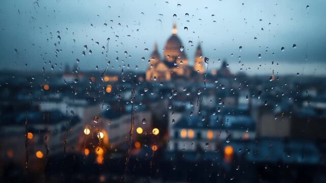 Paris, France, Europe. raindrops on a window with a cityscape in the background at dusk.