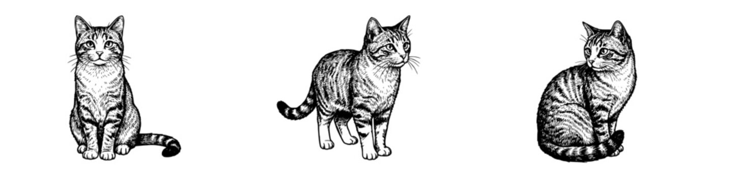 Vintage engraved tabby cats in three poses illustration set
