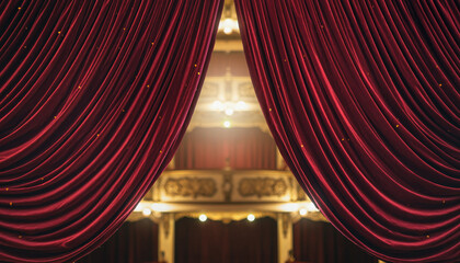Red velvet stage curtains opening for performance