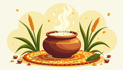 Pongal Harvest Festival Traditional Pot Flat Vector Illustration