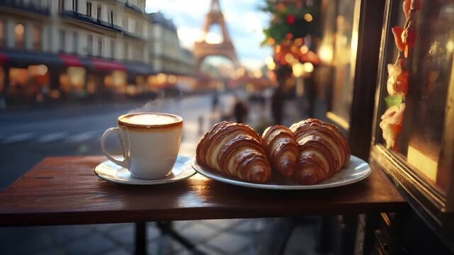Paris, France, Europe. A closeup shot of a wooden table with a cup of coffee and croissants on it.