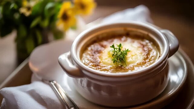 Paris, France, Europe. A closeup of a bowl of creamy soup with a sprig of herb on top. The soup has a goldenbrown crust and a white, fluffy interior. The background is blurred.