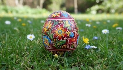 Colorful Decorated Hand-Painted Egg on Grassy Field with Spring Flowers