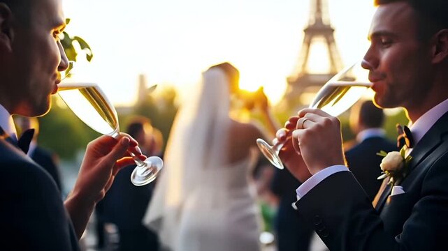 Paris, France, Europe. A closeup shot of two hands clinking champagne glasses against a sunset backdrop. The glasses are filled with a golden liquid, likely champagne, and the background is a warm.