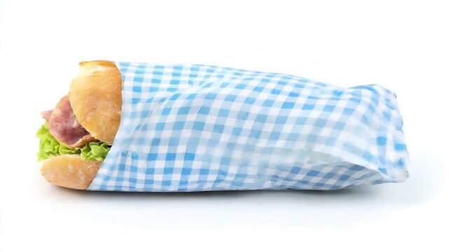 Paris, France, Europe. A sandwich wrapped in blue and white checkered paper.