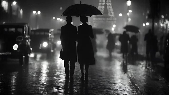 Paris, France, Europe. A monochromatic, longexposure photograph capturing a couple walking on a rainsoaked city street during what appears to be a rainy evening.
