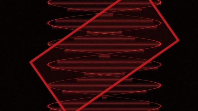 Abstract red glowing helix structure with stacked rings intersected by a tilted parallelogram on a dark background.