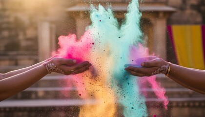 Colorful Holi Powder Exploding Between Two Hands in Celebration of Festival