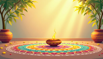 Pongal Festival Kolam Rangoli Decorative Flat Vector Illustration