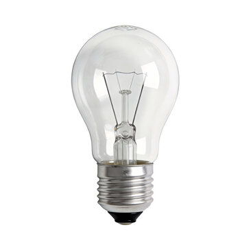 Incandescent light bulb with E27 screw base. Transparent glass shell, visible tungsten filament. Represents traditional lighting technology, used for illumination in various settings.