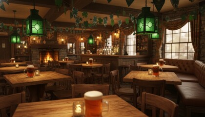 Cozy Irish Pub Interior with Warm Lighting and Traditional Decor for Relaxation