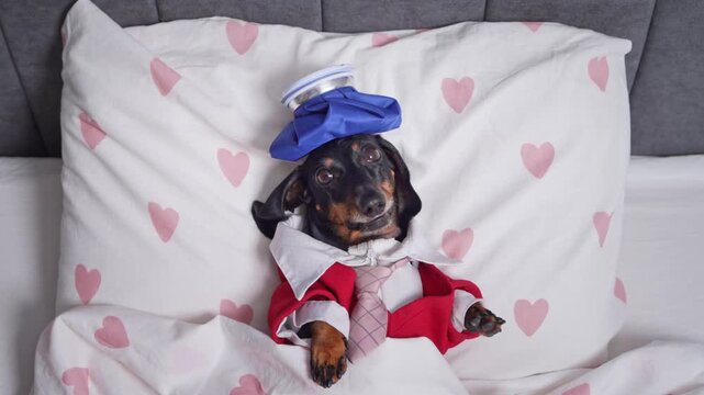A dachshund dog dressed in a red jacket and tie with a blue ice pack on its head lies tucked into a bed under a white blanket with matching pillow