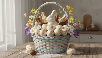 Decorative Easter Basket with Eggs, Flowers, and Bunny Figurines on a Rustic Table